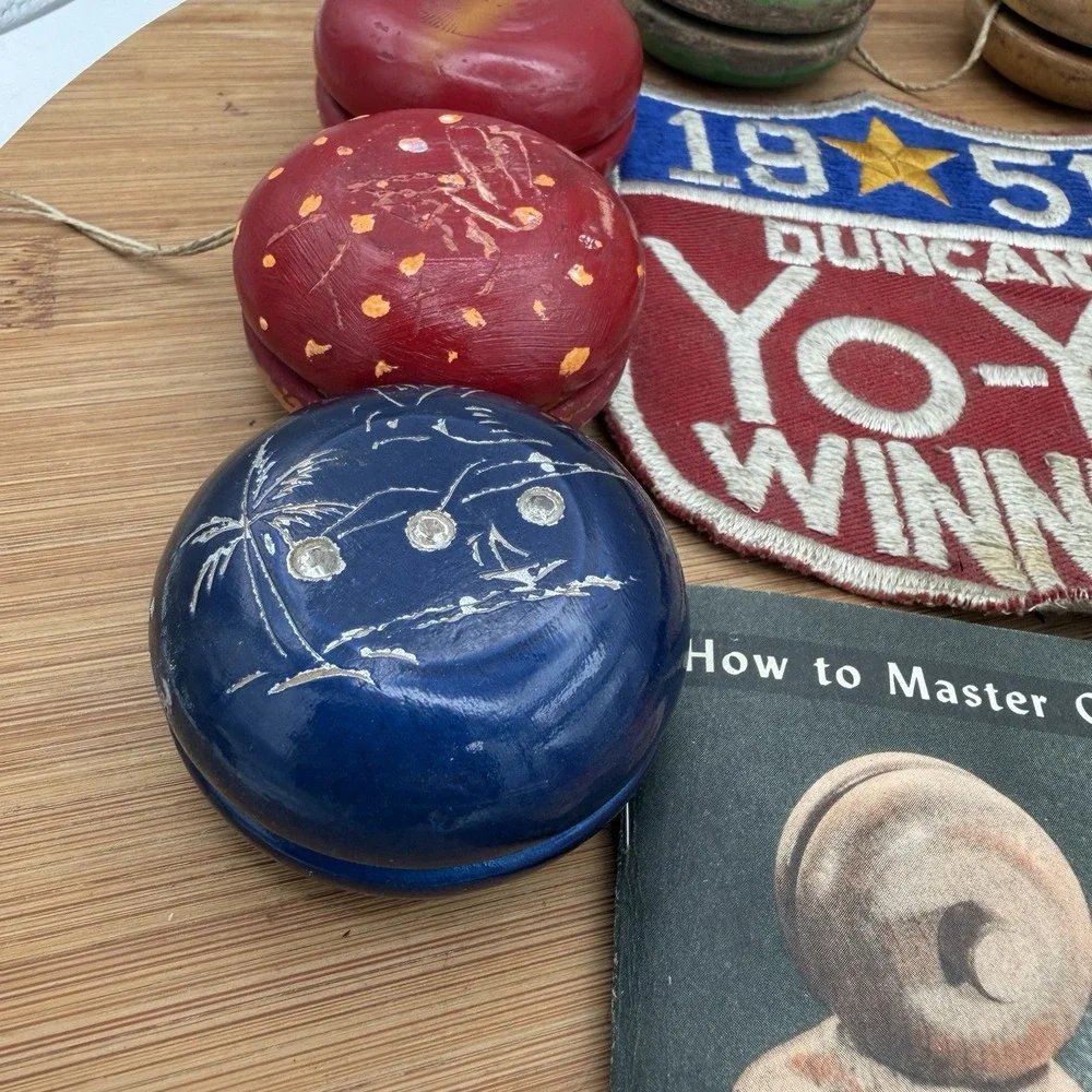 VTG  Duncan Yo-Yo Collection Lot 1950's wood Tournament Memorabilia Patches book
